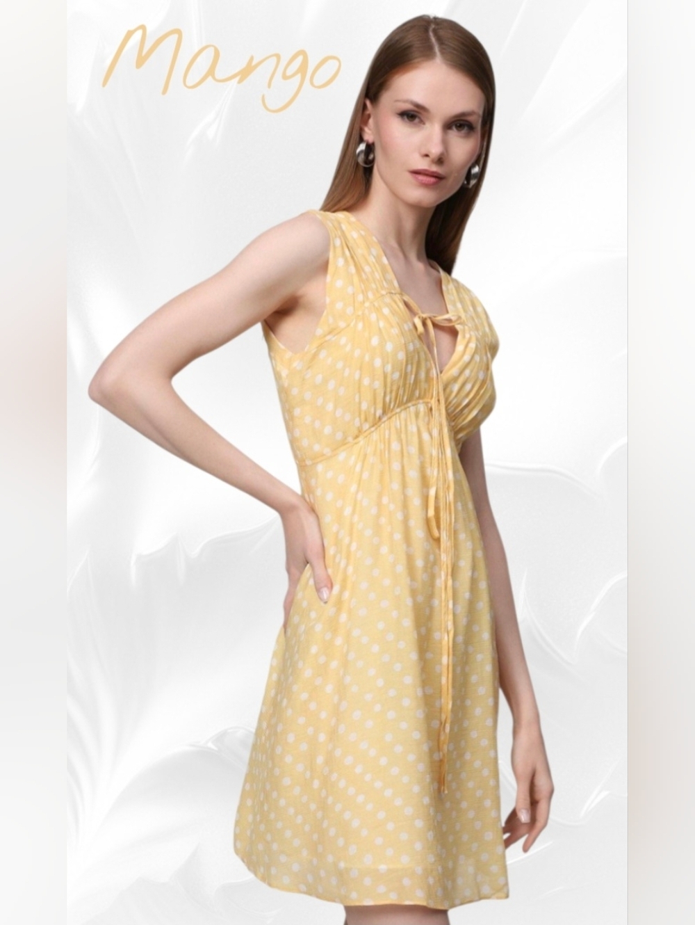 Mango Yellow Polka Dot Tie-Front Mini Dress